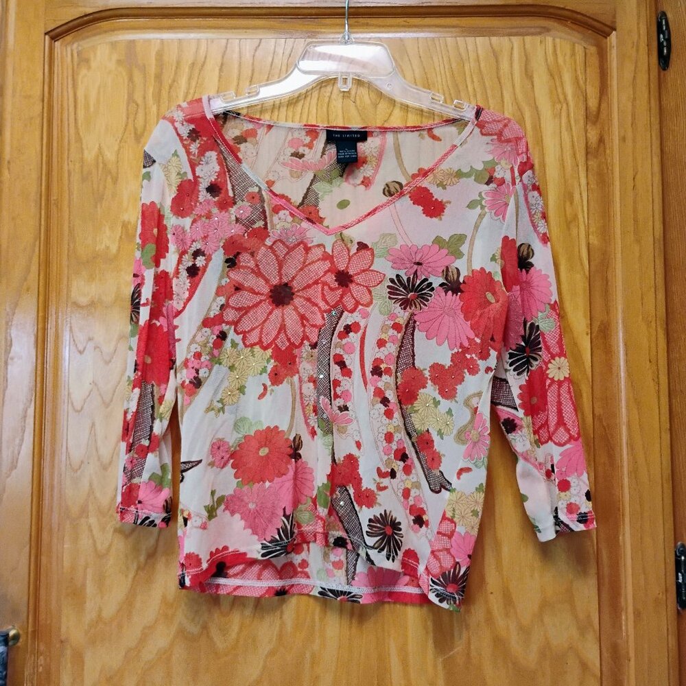 Pretty Limited nylon mesh rhinestone Asian Japanese print sheer top M to L
